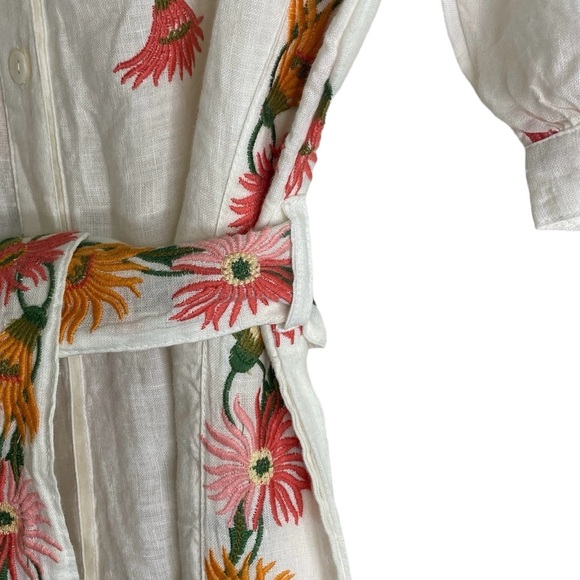 NWT Hannah Jaya Linen Embroider Puff Sleeve Button Split Neck Belted Jumpsuit, M - Picture 6 of 8